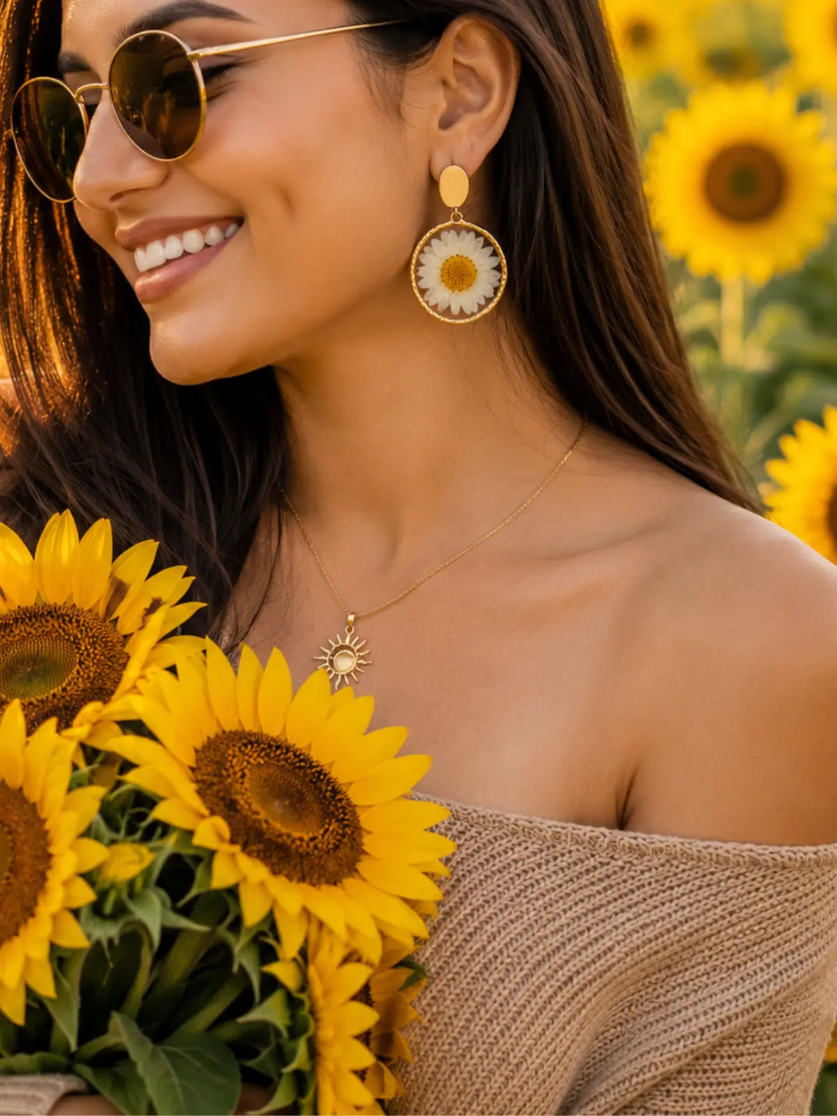 Handmade sunflower dried flower earrings in clear resin