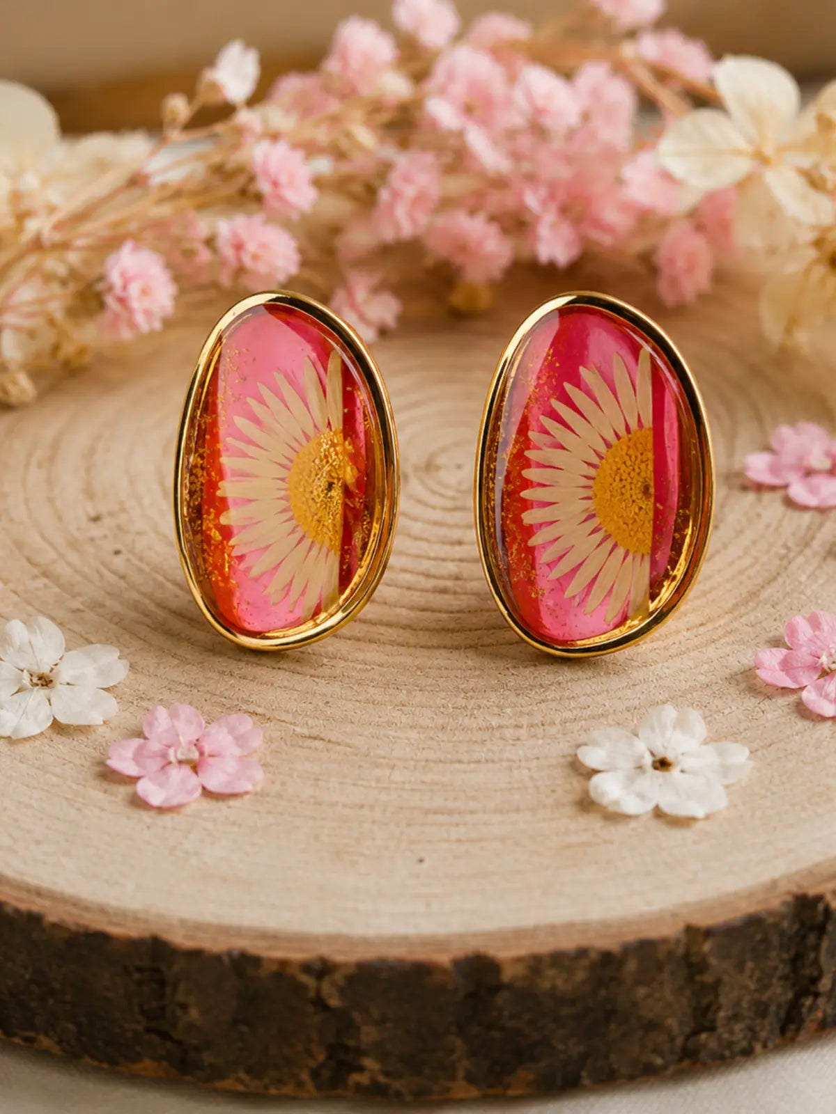 Handmade pink resin flower stud earrings