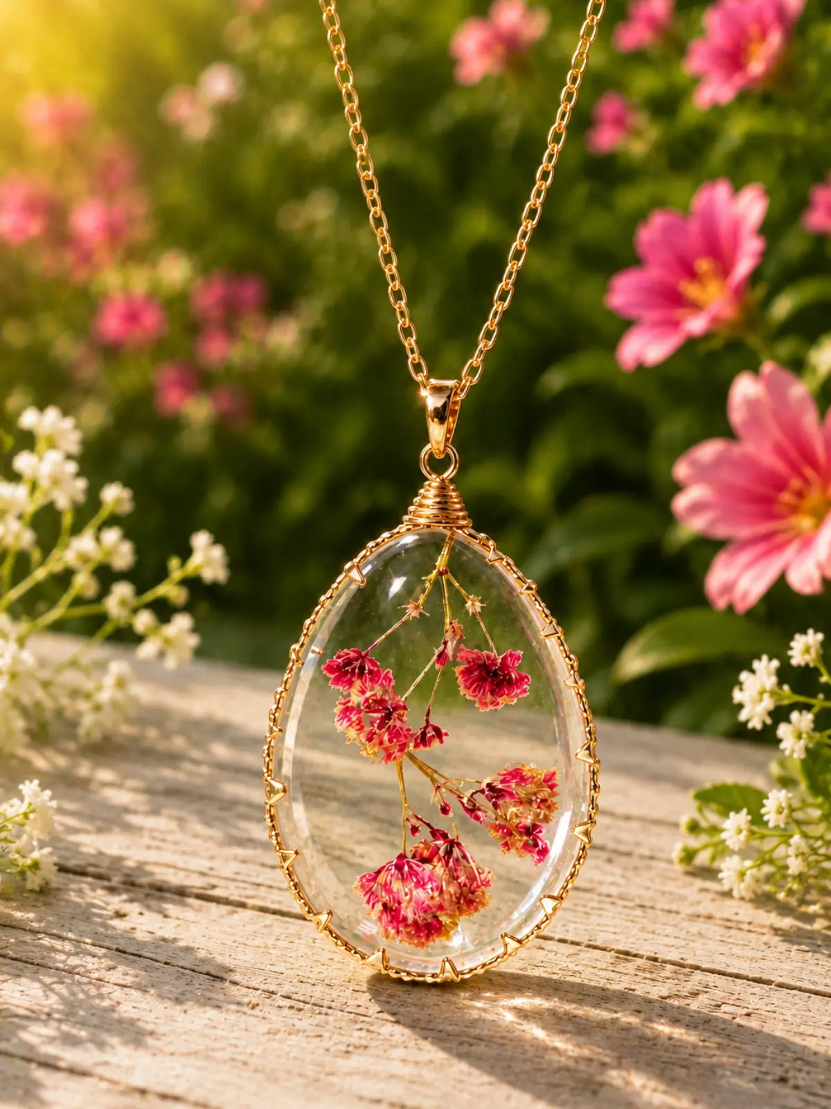 Red dried flower resin necklace for women and girls