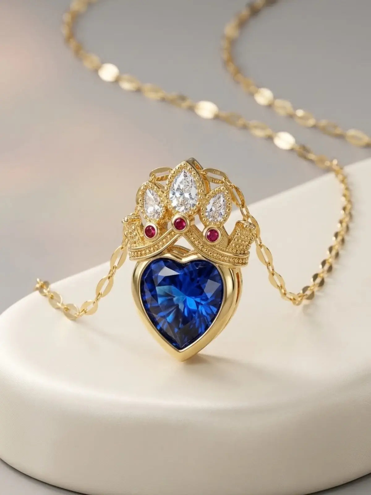 Royal Gold Princess Crown Blue Heart Pendant necklace