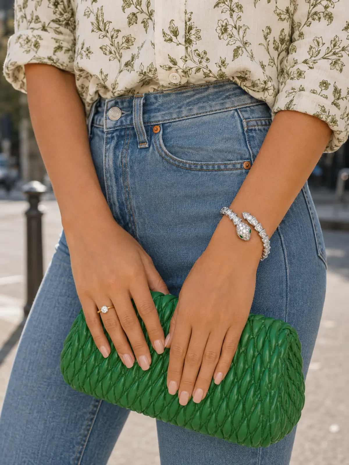 Silver Snake Bracelet for Women | Green Eye Bracelet