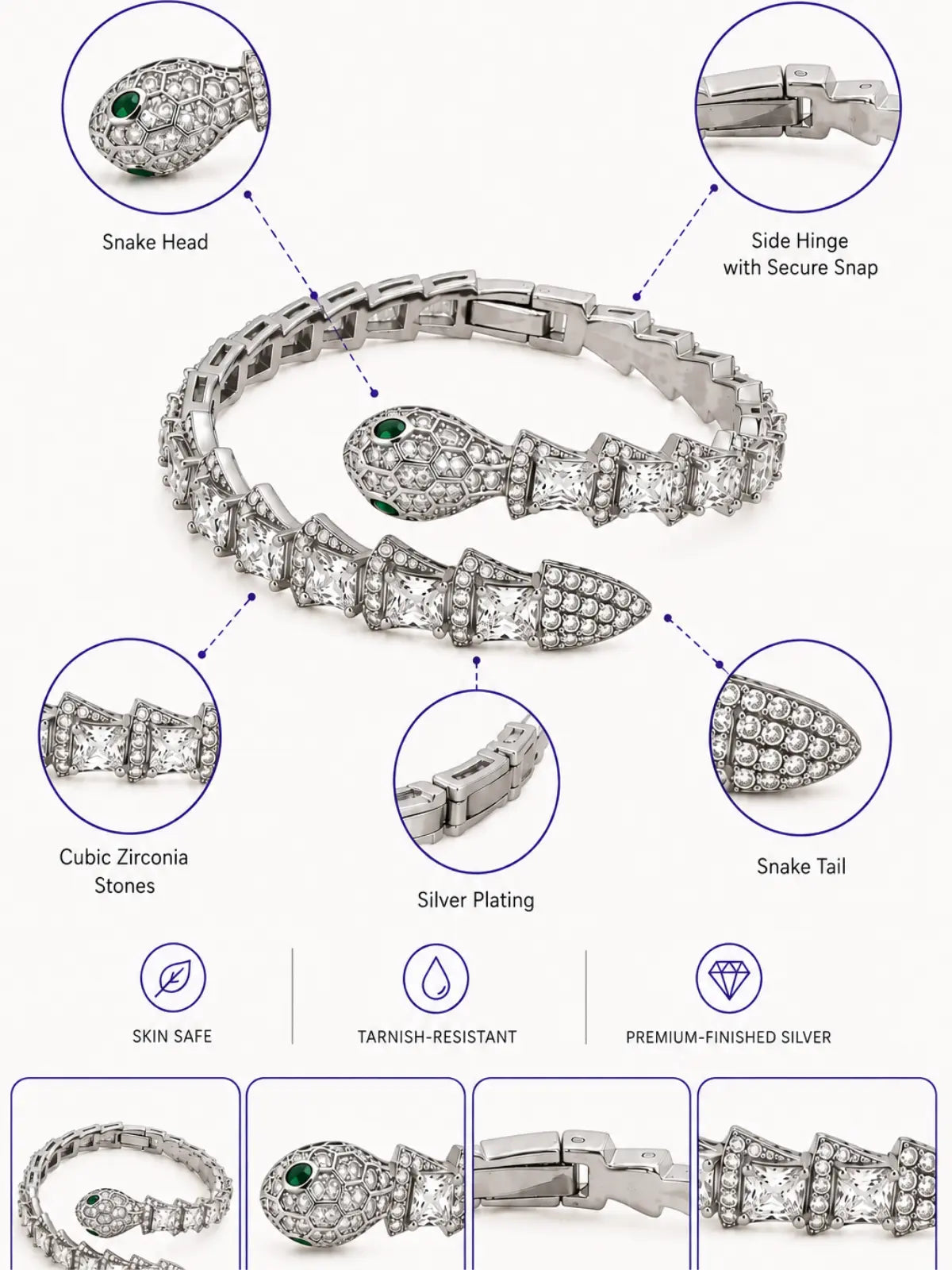 Silver Snake Bracelet for Women | Green Eye Bracelet