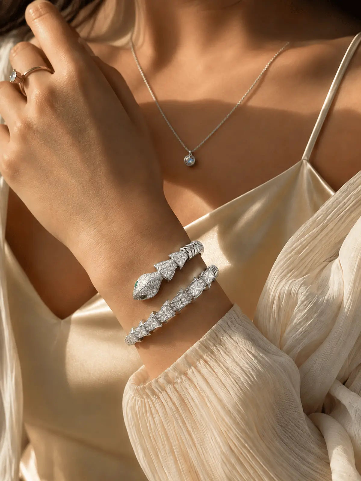 Silver Snake Bracelet for Women | Green Eye Bracelet