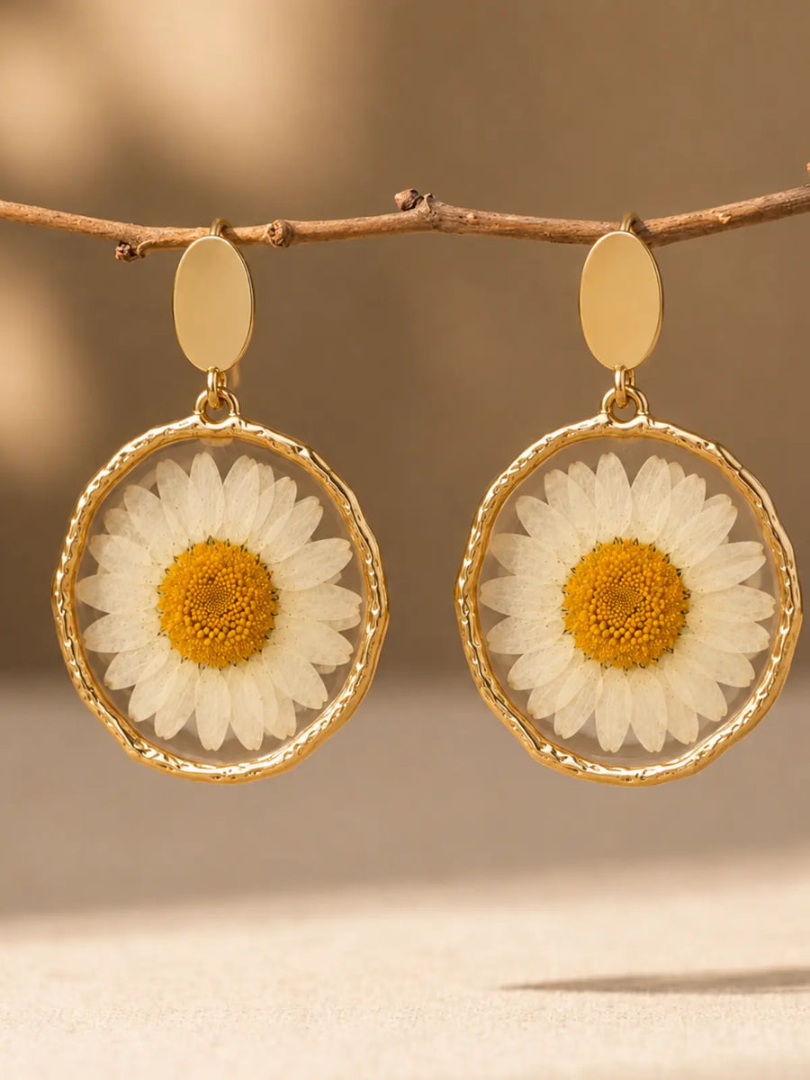 Sunflower drop earrings with transparent resin and gold frame