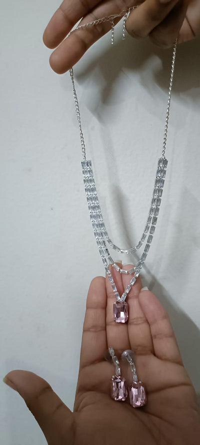 Pink Necklace and Earrings Set | Multi-Layered Pink Jewellery For Women