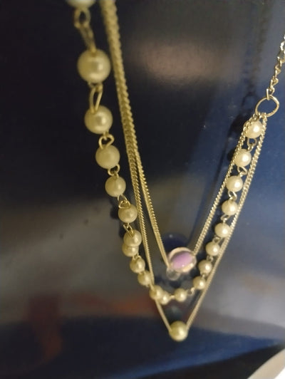 Layered Pearl Necklace with Zircon Silver Chain for Women & Girls