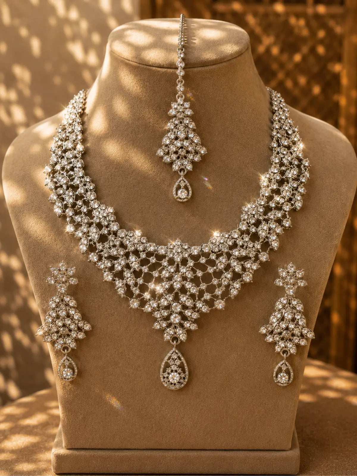 White zircon necklace set with earrings and maang tikka