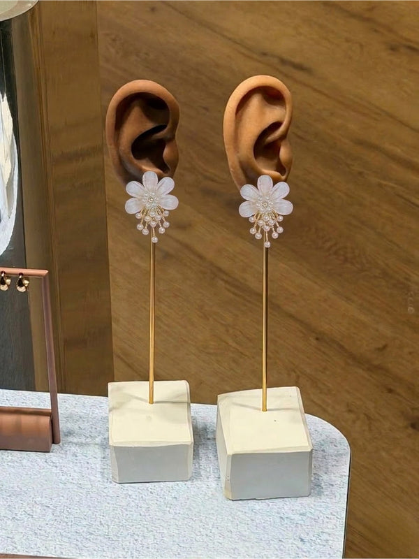 Daisy Pearl Drop Earrings with white flower design for women and girls