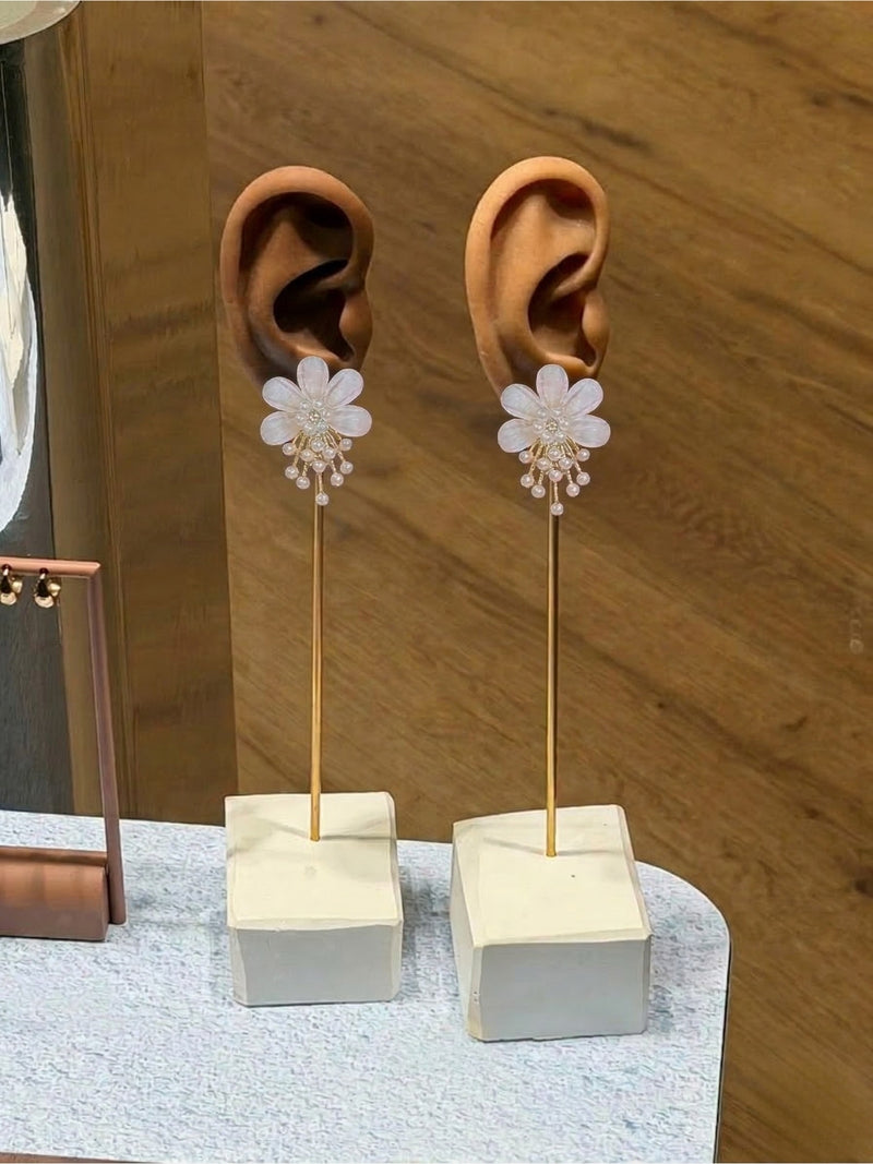Daisy Pearl Drop Earrings with white flower design for women and girls