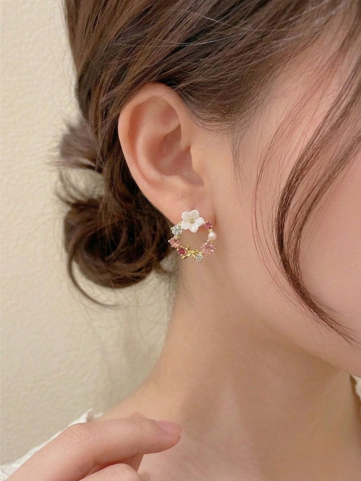 Pink Flower Pearl Round Sparkling Earring for Girl and Women