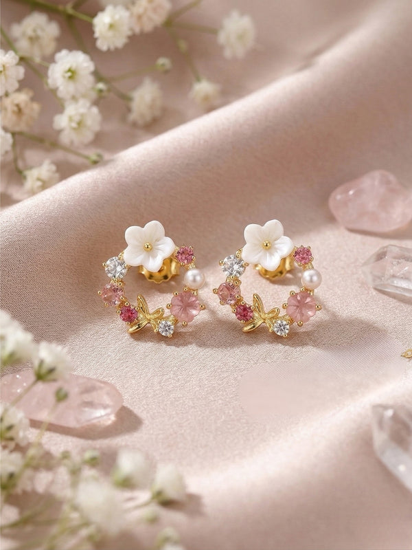 Pink Flower Pearl Earrings with sparkling stones for women and girls