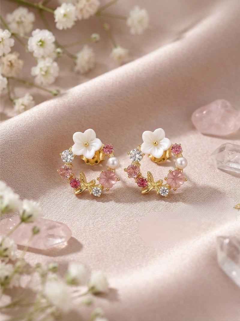 Pink Flower Pearl Earrings with sparkling stones for women and girls