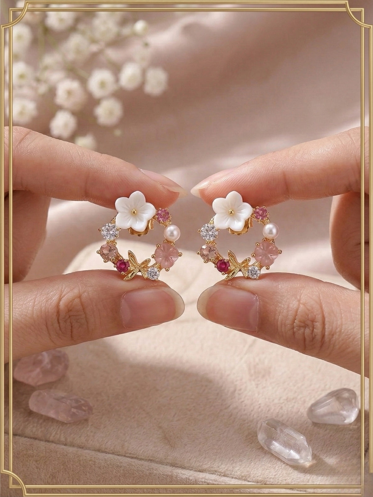 Pink Flower Pearl Round Sparkling Earring for Girl and Women