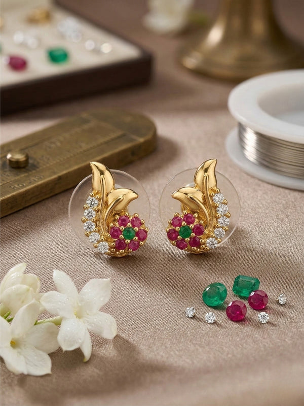 Leaf Shape Crystal Stud Earrings with white and multicolour stones for women
