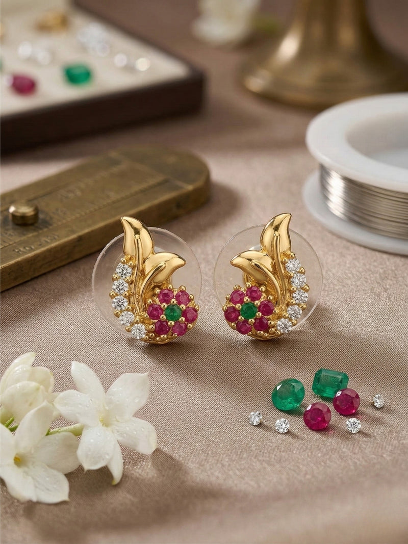 Leaf Shape Crystal Stud Earrings with white and multicolour stones for women