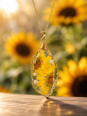 Sunflower Real Dried Flower Resin Pendant Necklace for Women & Girls