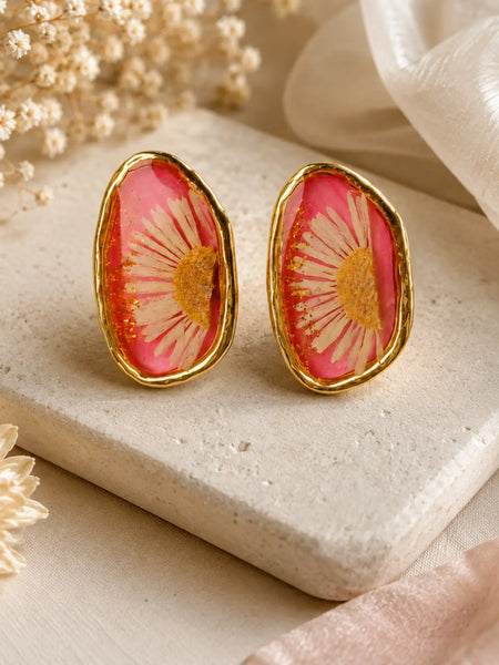 Pink Resin Stud Earrings with Real Pressed Daisy Flowers & Gold Rim Jewelry