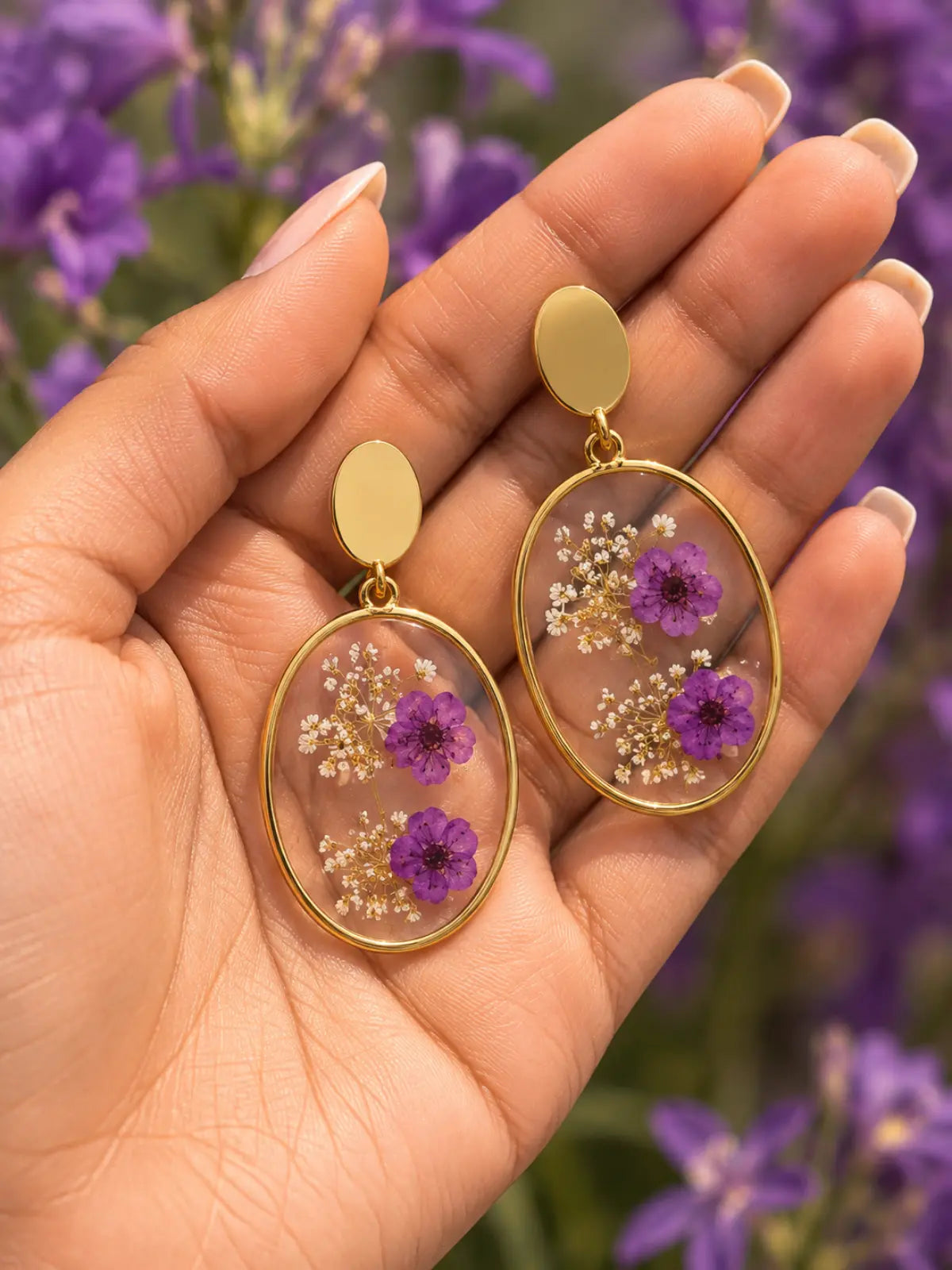 Purple Resin Earrings with Dried Flowers, Handmade Floral Drop Earrings