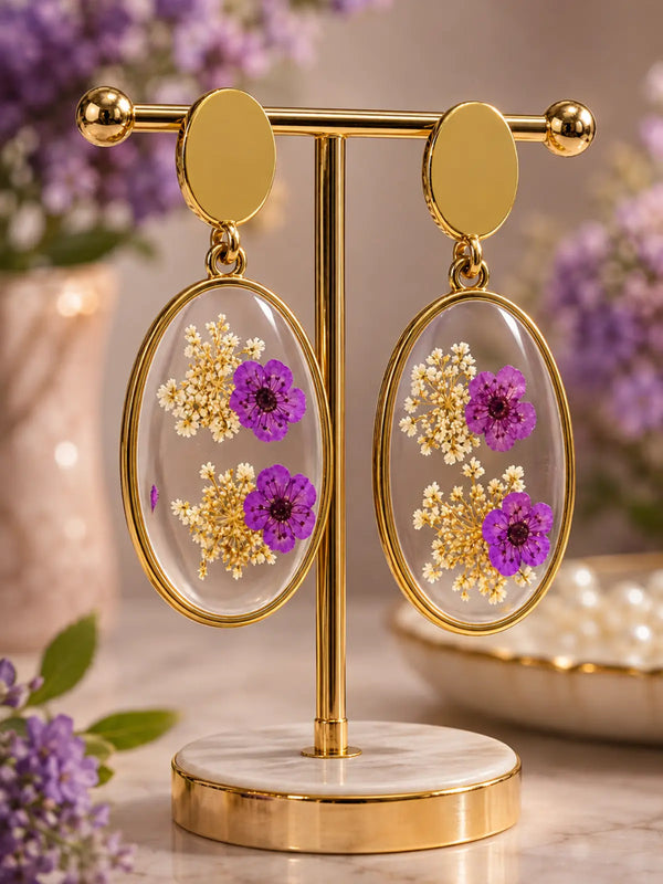 Purple Resin Earrings with Dried Flowers, Handmade Floral Drop Earrings