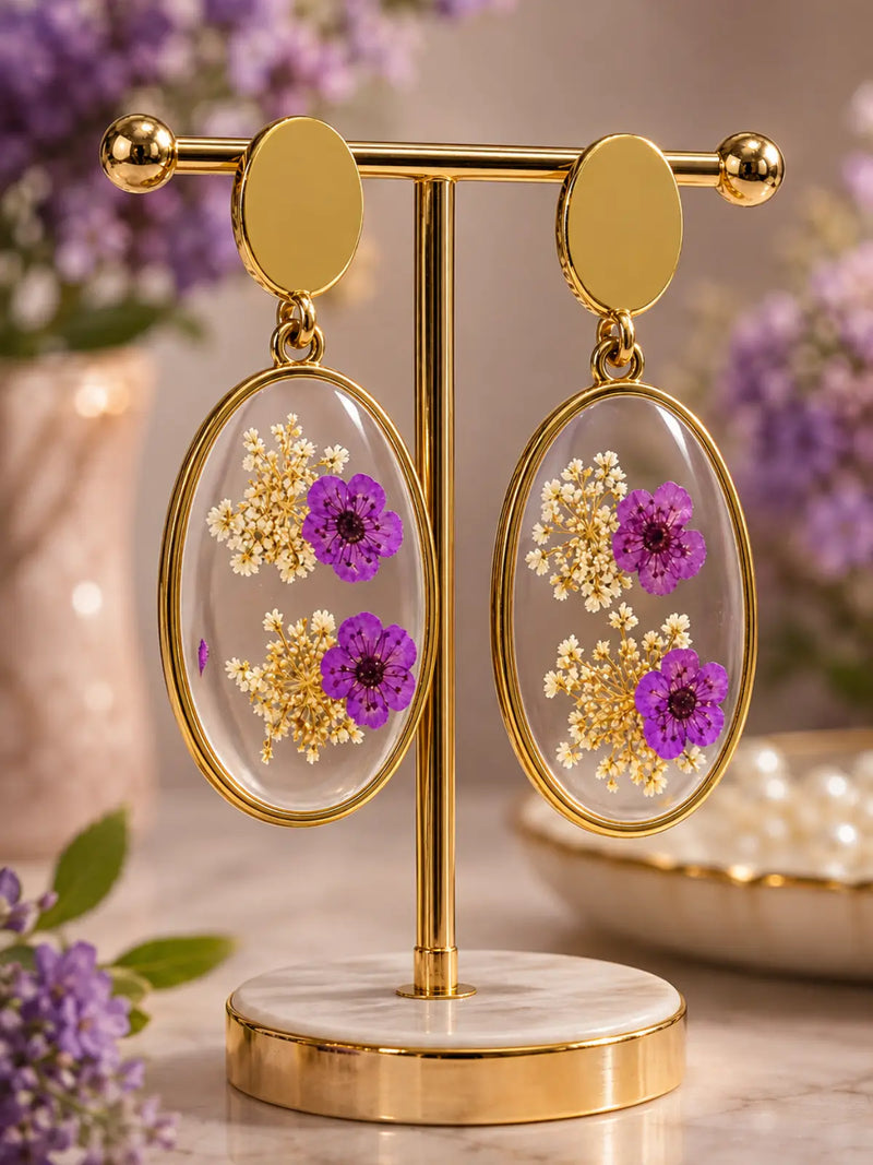Purple Resin Earrings with Dried Flowers, Handmade Floral Drop Earrings