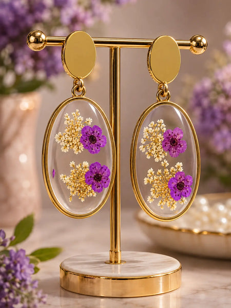 Purple Resin Earrings with Dried Flowers, Handmade Floral Drop Earrings
