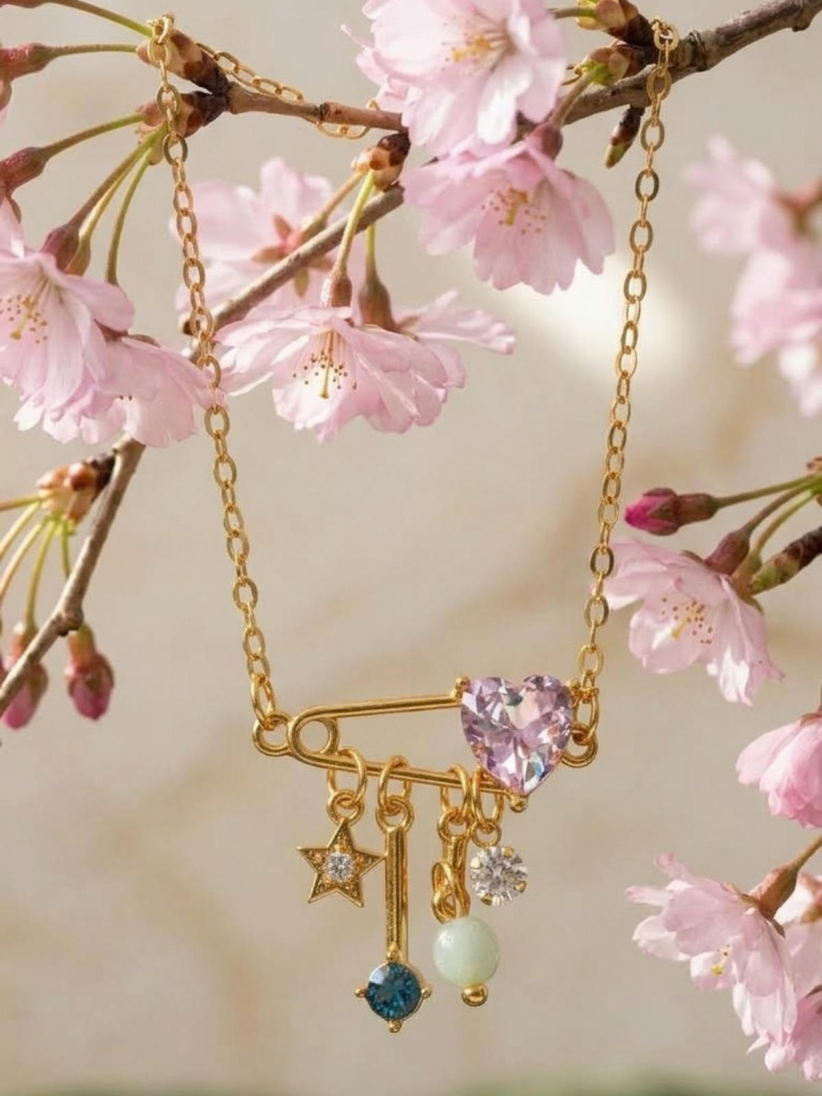 pink heart safety pin necklace for women