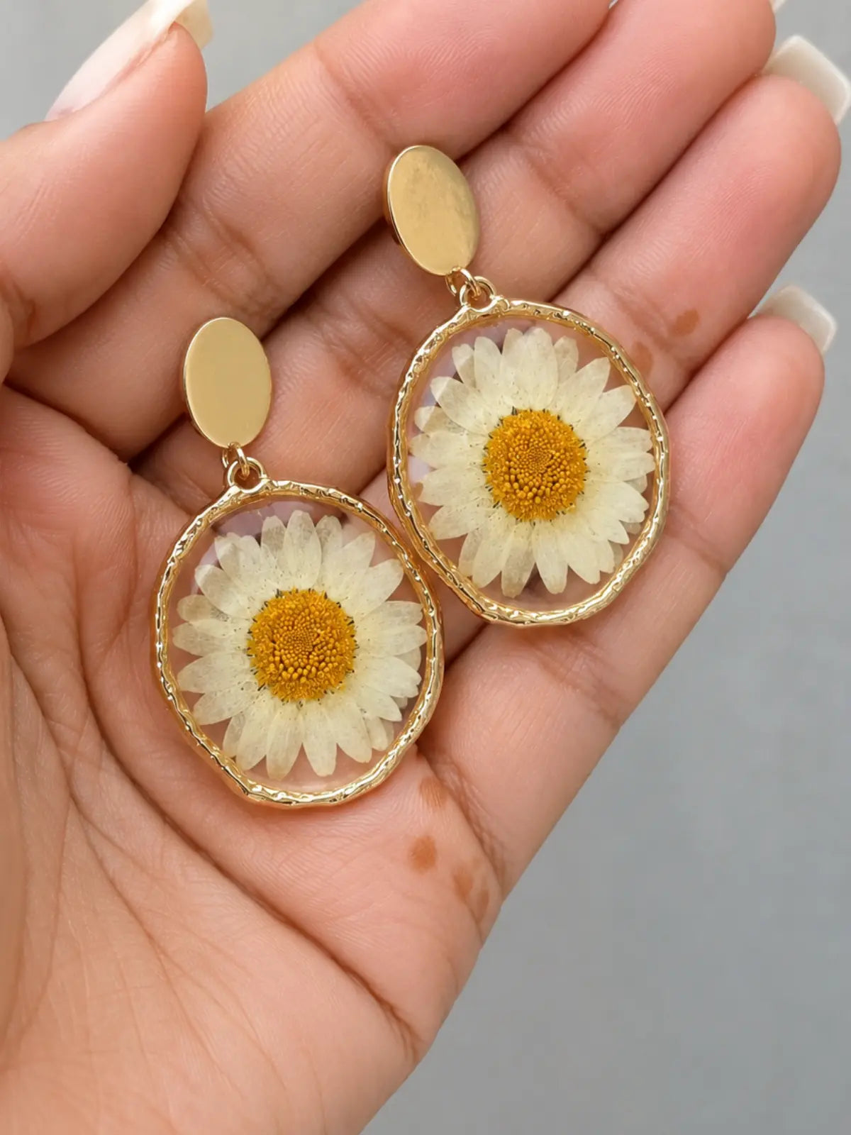 Real dried sunflower resin earrings with gold-tone frame